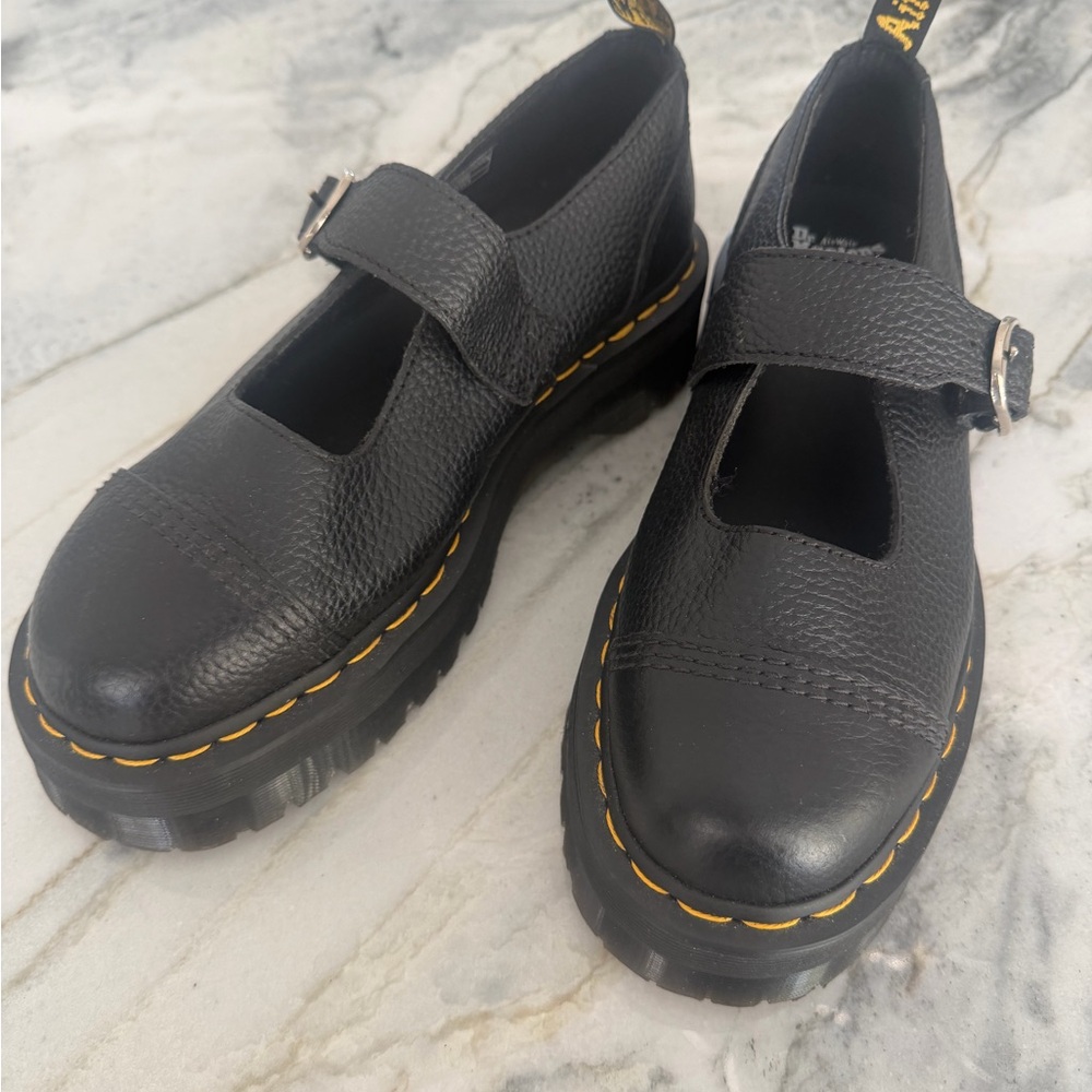 Dr. Martens Black Mary Jane Shoes with Yellow Stitching